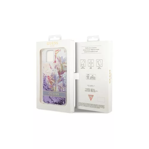 Guess GUHCP14MLFLSU iPhone 14 Plus/15 Plus 6.7" készülékhez keménytok Flower Liquid Glitter lila