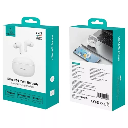 USAMS E05 TWS fülhallgató Bluetooth 6.0 drótlan fehér