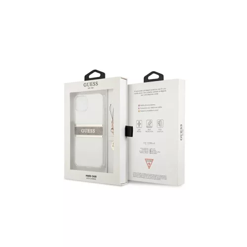 Guess GUHCP13SKB4GBR iPhone 13 mini 5,4" készülékhez átlátszó kemény tok 4G barna Strap Charm