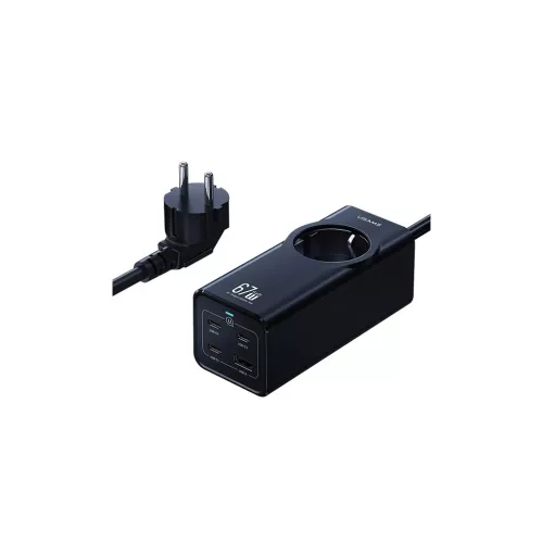 USAMS Hálózati elosztó 67W 3x USB-C + USB gyorstöltéses hosszabbító kábel EU fekete CC225TC01 (US-CC225)