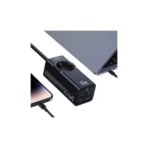 USAMS Hálózati elosztó 67W 3x USB-C + USB gyorstöltéses hosszabbító kábel EU fekete CC225TC01 (US-CC225)