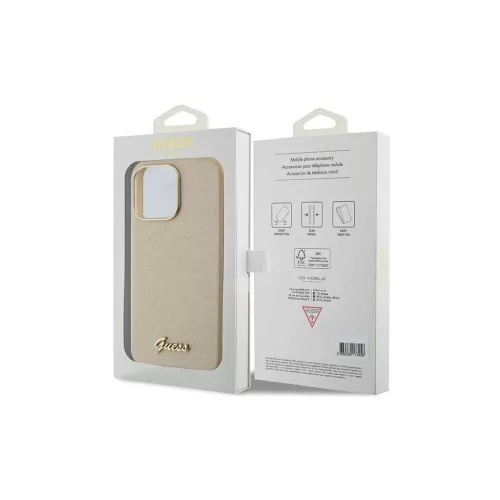 Guess GUHCP15XPGMCSD iPhone 15 Pro Max 6.7" készülékhez kemény tok Glitter Glossy Script világos arany