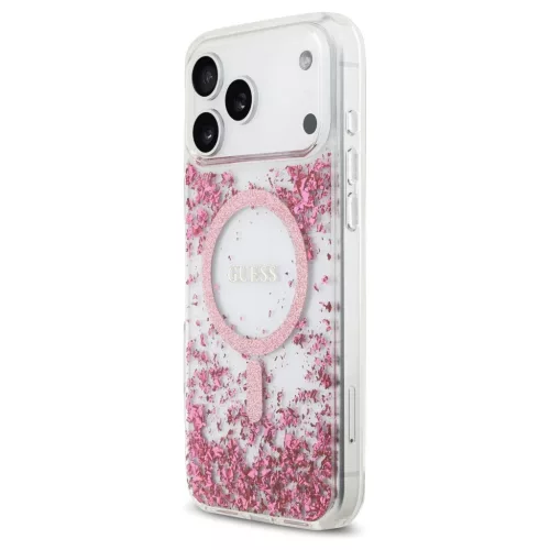 Guess Resin Bottom Glitter MagSafe tok iPhone 17 Pro Max készülékhez rózsaszín