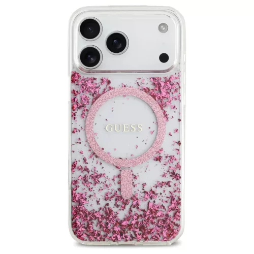 Guess Resin Bottom Glitter MagSafe tok iPhone 17 Pro Max készülékhez rózsaszín
