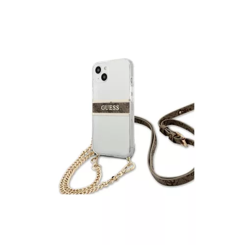 Guess GUHCP13SKC4GBGO iPhone 13 mini 5,4" készülékhez átlátszó merev tok 4G barna pánt, arany lánccal