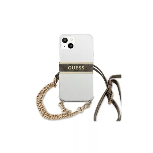 Guess GUHCP13SKC4GBGO iPhone 13 mini 5,4" készülékhez átlátszó merev tok 4G barna pánt, arany lánccal