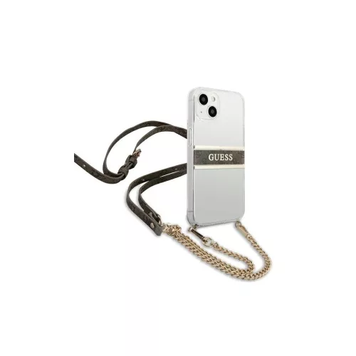 Guess GUHCP13SKC4GBGO iPhone 13 mini 5,4" készülékhez átlátszó merev tok 4G barna pánt, arany lánccal