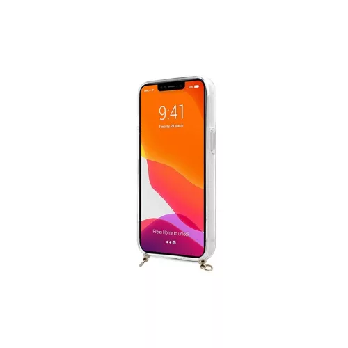 Guess GUHCP13SKC4GBGO iPhone 13 mini 5,4" készülékhez átlátszó merev tok 4G barna pánt, arany lánccal