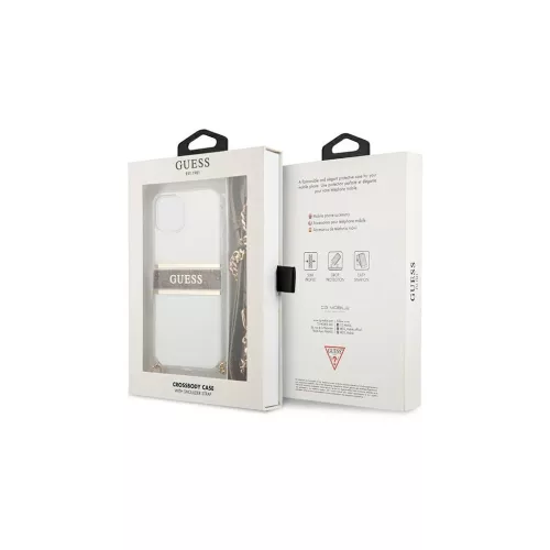 Guess GUHCP13SKC4GBGO iPhone 13 mini 5,4" készülékhez átlátszó merev tok 4G barna pánt, arany lánccal