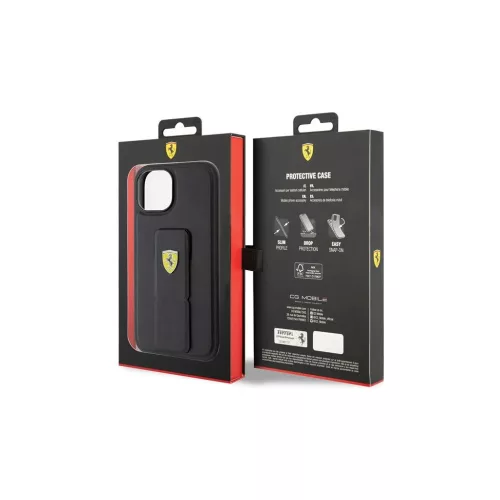Ferrari FEHCP15SGSPSIK iPhone 15 / 14 / 13 6.1" készülékhez kemény tok Grip Stand Metal Logo fekete