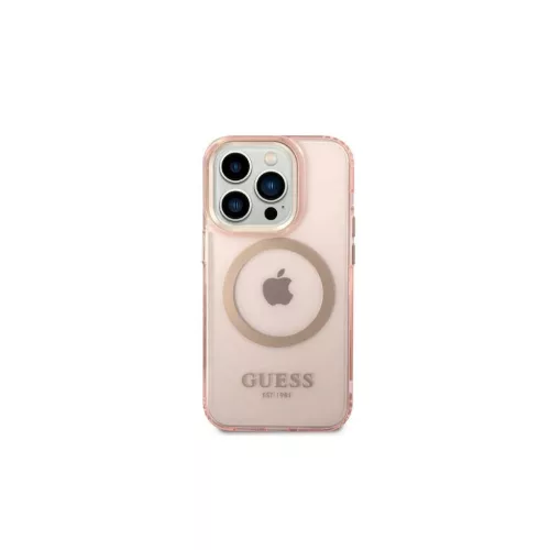 Guess GUHMP14LHTCMP iPhone 14 Pro 6,1 készülékhez kemény tok Gold Outline Translucent MagSafe rózsaszín