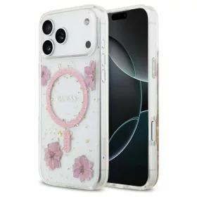   Guess Resin Flowers Glitter MagSafe tok iPhone 17 Pro Max készülékhez rózsaszín