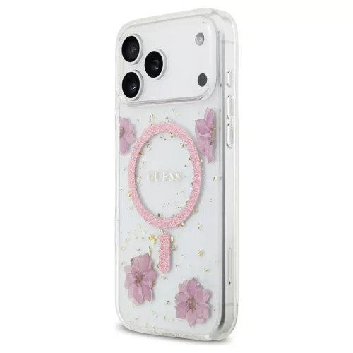 Guess Resin Flowers Glitter MagSafe tok iPhone 17 Pro Max készülékhez rózsaszín