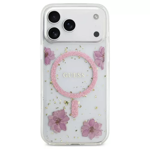 Guess Resin Flowers Glitter MagSafe tok iPhone 17 Pro Max készülékhez rózsaszín