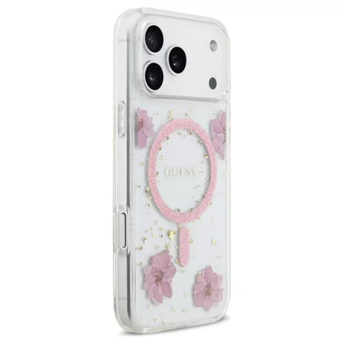 Guess Resin Flowers Glitter MagSafe tok iPhone 17 Pro Max készülékhez rózsaszín