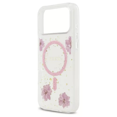 Guess Resin Flowers Glitter MagSafe tok iPhone 17 Pro Max készülékhez rózsaszín