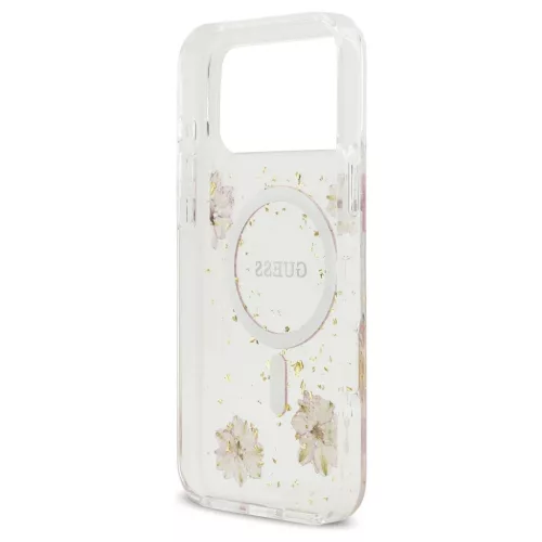 Guess Resin Flowers Glitter MagSafe tok iPhone 17 Pro Max készülékhez rózsaszín
