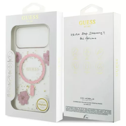 Guess Resin Flowers Glitter MagSafe tok iPhone 17 Pro Max készülékhez rózsaszín