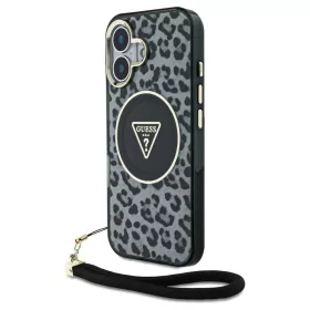   Case Guess HC IML Leopard Triangle Cord Strap zsinórpánt MagSafe iPhone 16 készülékhez fekete