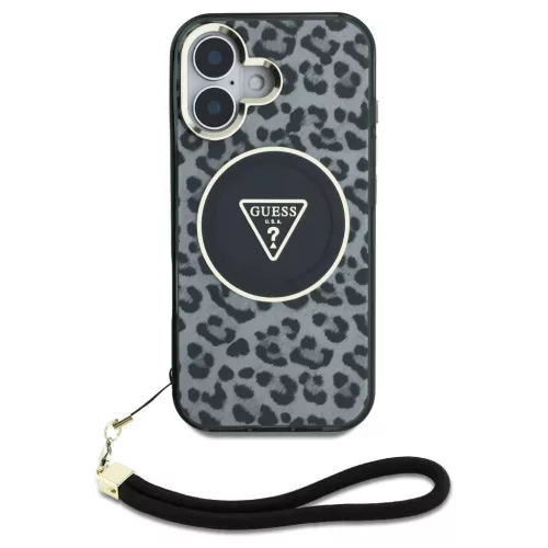 Case Guess HC IML Leopard Triangle Cord Strap zsinórpánt MagSafe iPhone 16 készülékhez fekete