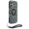 Case Guess HC IML Leopard Triangle Cord Strap zsinórpánt MagSafe iPhone 16 készülékhez fekete