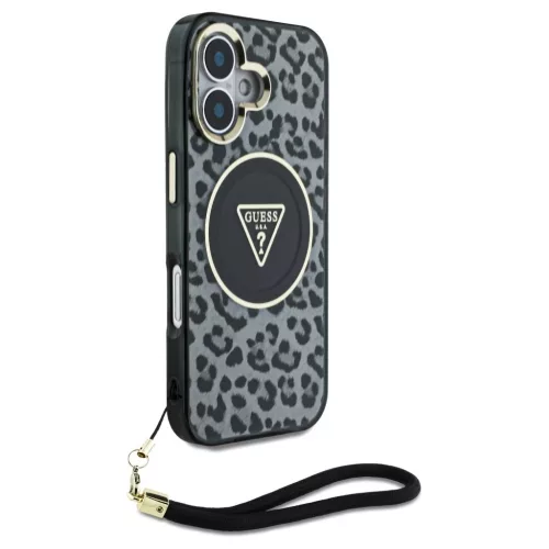 Case Guess HC IML Leopard Triangle Cord Strap zsinórpánt MagSafe iPhone 16 készülékhez fekete