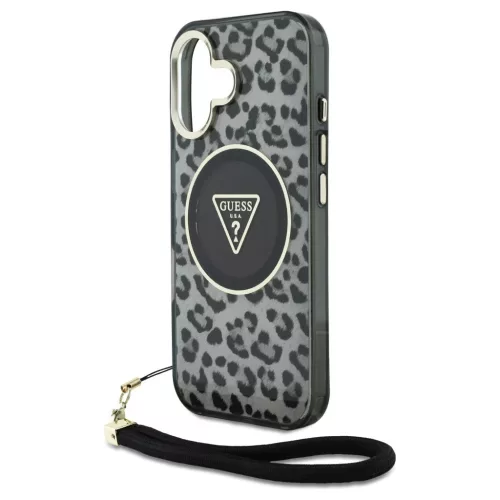 Case Guess HC IML Leopard Triangle Cord Strap zsinórpánt MagSafe iPhone 16 készülékhez fekete