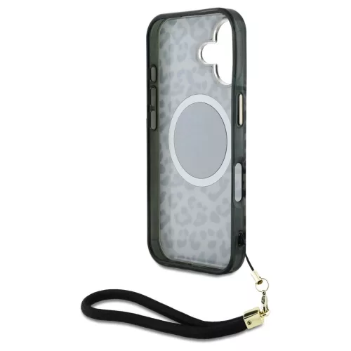 Case Guess HC IML Leopard Triangle Cord Strap zsinórpánt MagSafe iPhone 16 készülékhez fekete