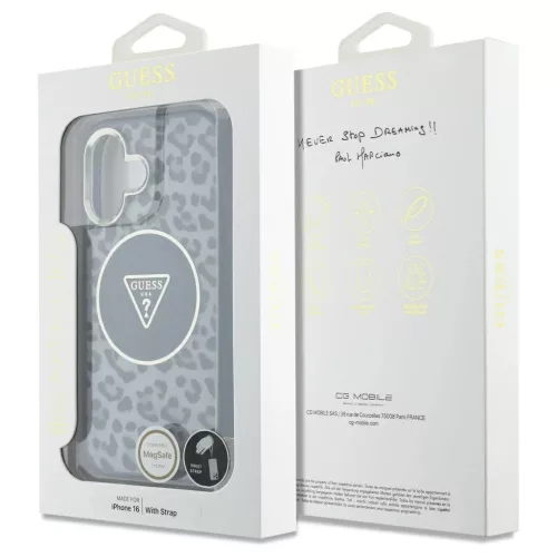 Case Guess HC IML Leopard Triangle Cord Strap zsinórpánt MagSafe iPhone 16 készülékhez fekete