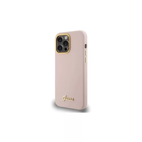 Guess GUHCP15XSMBSLP iPhone 15 Pro Max 6.7" készülékhez rózsaszín kemény tok Silicone Script Metal Logo & Frame