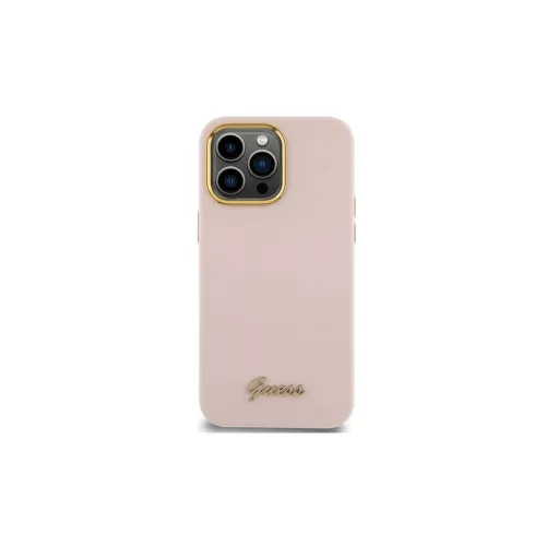 Guess GUHCP15XSMBSLP iPhone 15 Pro Max 6.7" készülékhez rózsaszín kemény tok Silicone Script Metal Logo & Frame