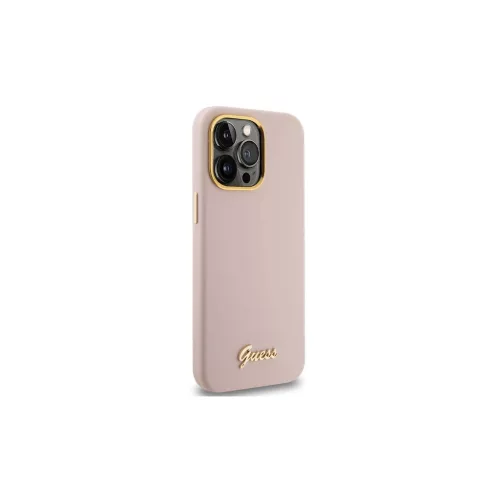 Guess GUHCP15XSMBSLP iPhone 15 Pro Max 6.7" készülékhez rózsaszín kemény tok Silicone Script Metal Logo & Frame