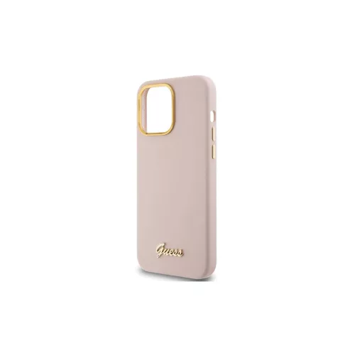 Guess GUHCP15XSMBSLP iPhone 15 Pro Max 6.7" készülékhez rózsaszín kemény tok Silicone Script Metal Logo & Frame