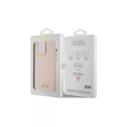 Guess GUHCP15XSMBSLP iPhone 15 Pro Max 6.7" készülékhez rózsaszín kemény tok Silicone Script Metal Logo & Frame