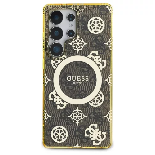 Guess 4G Background Gold Electroplated Peony Pattern MagSafe tok Samsung Galaxy S25 Ultra készülékhez barna