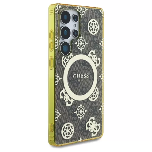 Guess 4G Background Gold Electroplated Peony Pattern MagSafe tok Samsung Galaxy S25 Ultra készülékhez barna