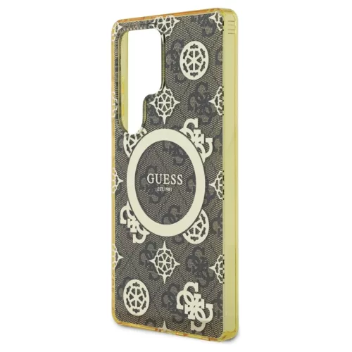 Guess 4G Background Gold Electroplated Peony Pattern MagSafe tok Samsung Galaxy S25 Ultra készülékhez barna