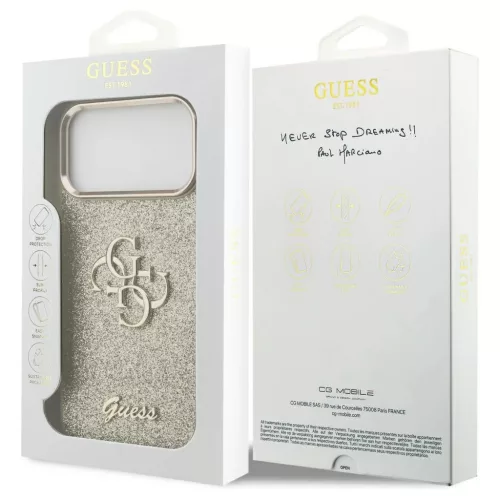 Guess Fixed Glitter Big 4G Metal Frame tok iPhone 17 Pro Max készülékhez arany
