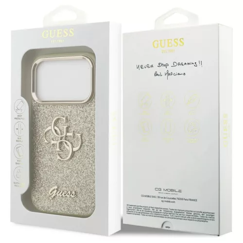 Guess Fixed Glitter Big 4G Metal Frame tok iPhone 17 Pro készülékhez arany