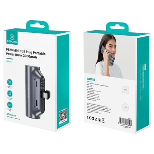 USAMS PB79 Mini Tail Plug hordozható töltőbank 3000mAh USB-C szürke