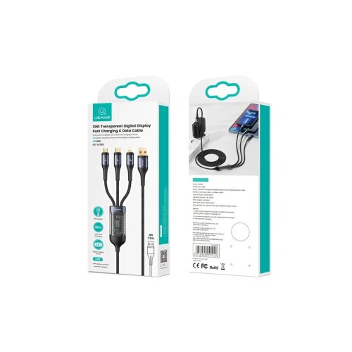 USAMS Fonott kábel U83 3in1 66W 1.2m Digital Display PD Fast Charge (lightning/microUSB/USB-C) fekete