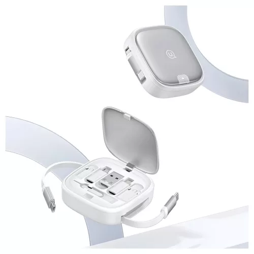 USAMS 3in1 behúzható kábel dobozzal – MicroUSB/USB-C/Lightning, 60W, acél/tarnish SJ650USB01