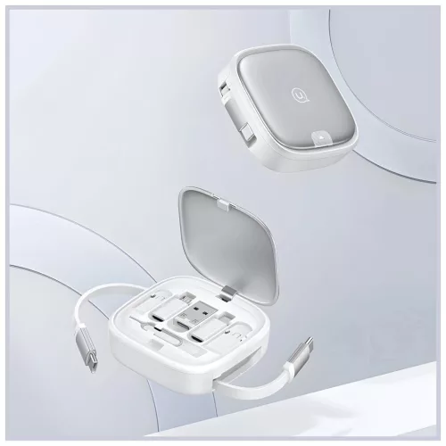 USAMS 3in1 behúzható kábel dobozzal – MicroUSB/USB-C/Lightning, 60W, acél/tarnish SJ650USB01