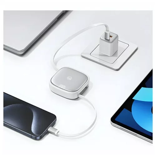 USAMS 3in1 behúzható kábel dobozzal – MicroUSB/USB-C/Lightning, 60W, acél/tarnish SJ650USB01