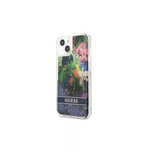 Guess GUHCP13SLFLSB iPhone 13 mini 5,4" készülékhez kemény tok Flower Liquid Glitter kék