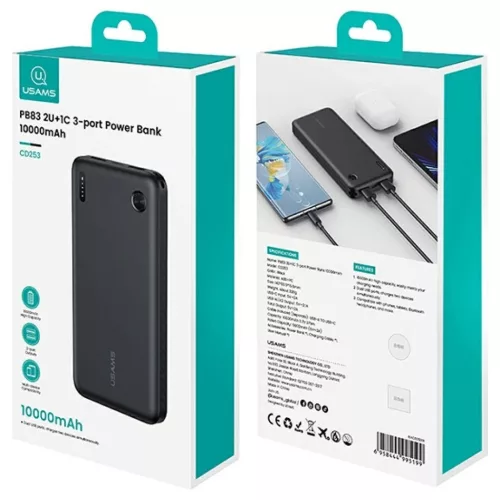 USAMS PB83 töltőbank 2xUSB-A 1xUSB-C 10000mAh fehér