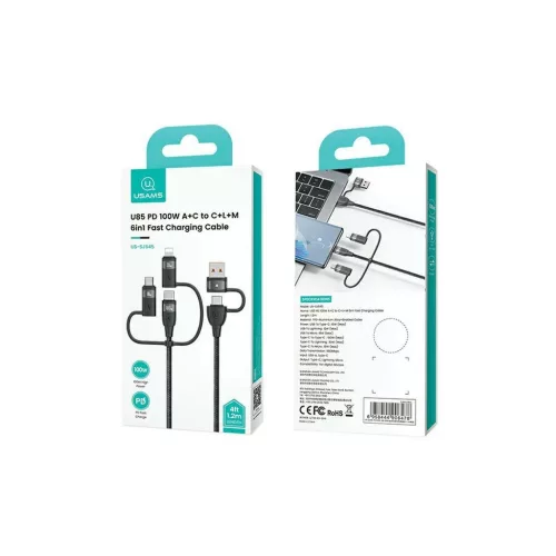 USAMS kábel U85 2xUSB-C/USB/Micro-USB/Lightning 6in1 1.2m 100W PD Fast Charge fekete SJ645USB01