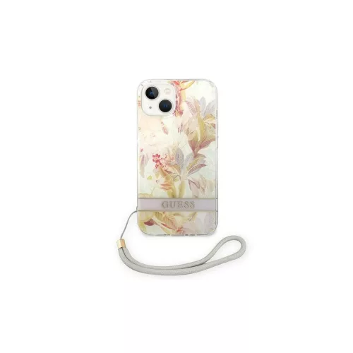 Guess GUOHCP14MHFLSU iPhone 14 Plus / 15 Plus 6.7" készülékhez kemény tok Flower Strap lila
