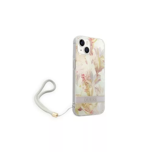 Guess GUOHCP14MHFLSU iPhone 14 Plus / 15 Plus 6.7" készülékhez kemény tok Flower Strap lila