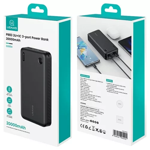 USAMS PB83 Hordozható töltő 2xUSB-A 1xUSB-C 20000mAh fehér